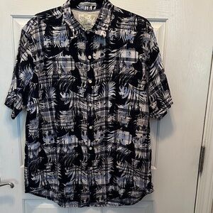 Men's Black Cream and Blue Tropical Print Shirt - Linen and Cotton Blend Size L